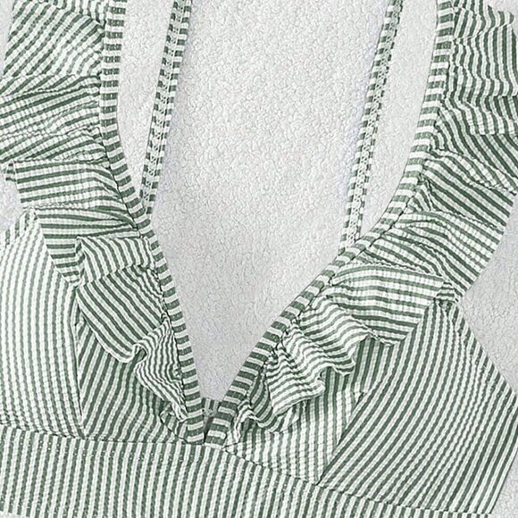 Green Women's Swim Summer Beach Striped Ruffle Trim Bikini Swimsuit - Picture 4 of 6